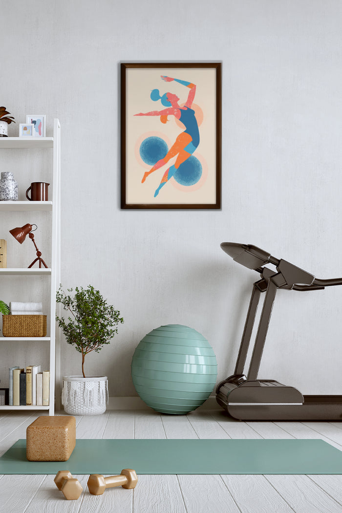 Vintage style fitness artwork with abstract athlete figure in home gym setting