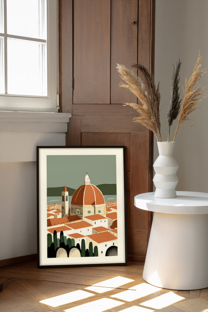 Vintage style illustration poster of Florence cityscape with iconic dome, in a modern living room setting