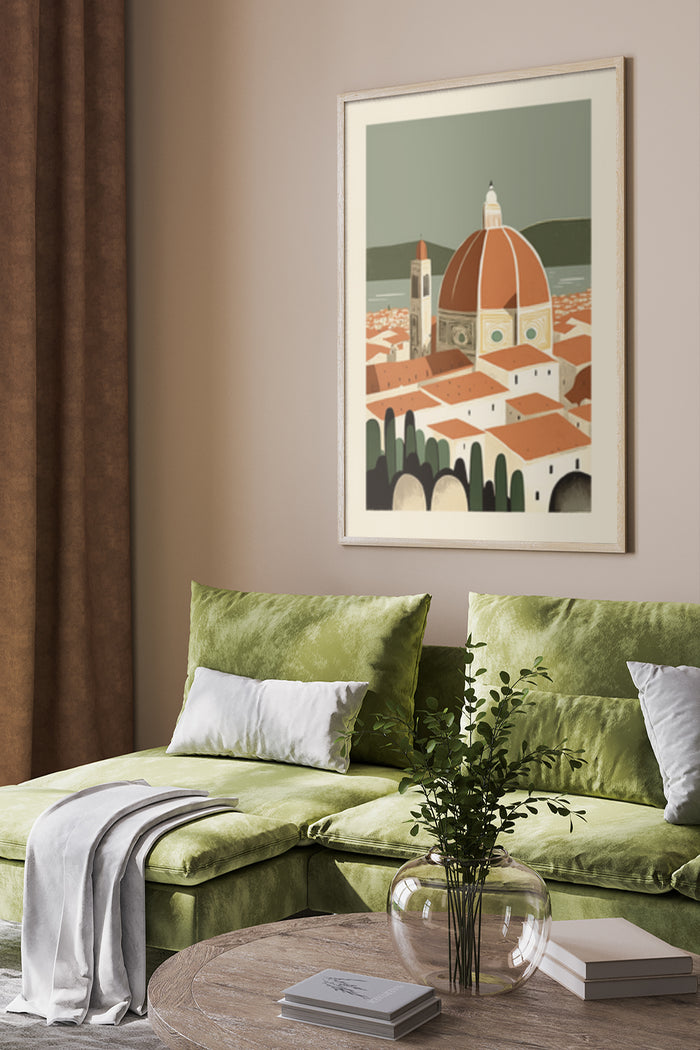 Vintage style illustrated poster of Florence cityscape with cathedral dome in a modern living room