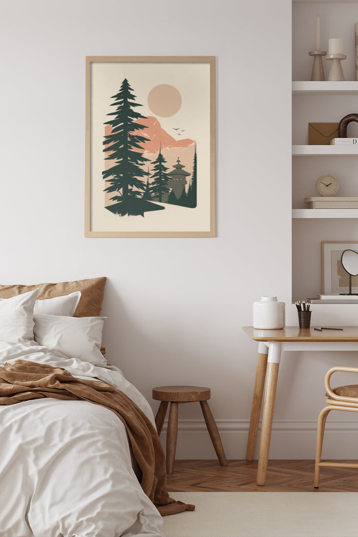 Vintage style poster with forest and mountain range illustration, featuring pine trees and setting sun