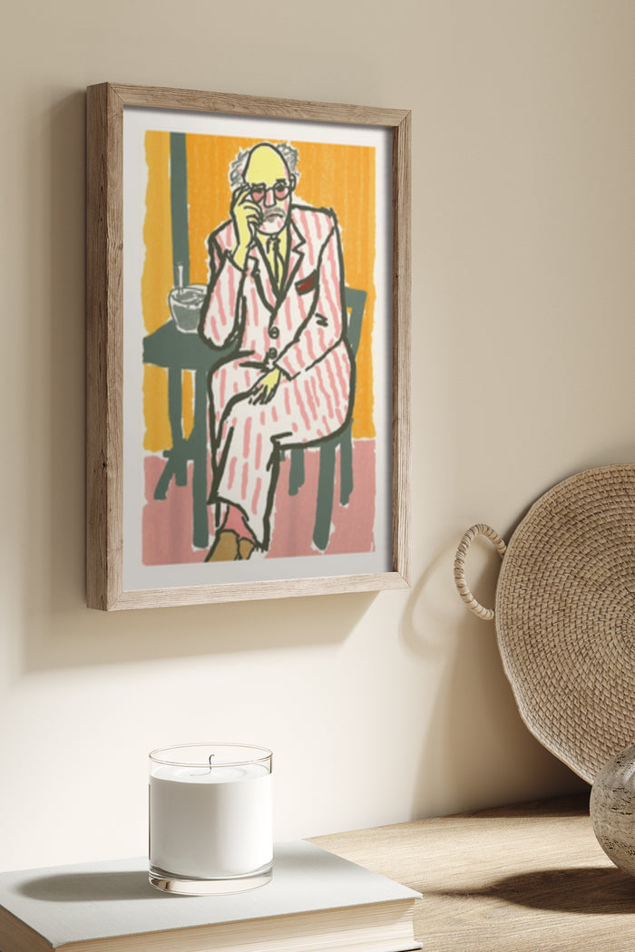 Vintage style framed poster of a bespectacled man sitting and drinking coffee with vibrant yellow and orange background