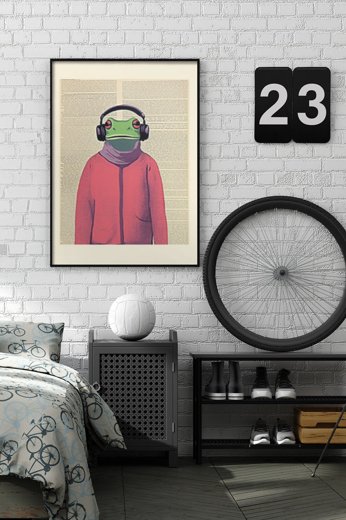 Vintage style poster of a frog wearing headphones displayed as wall art