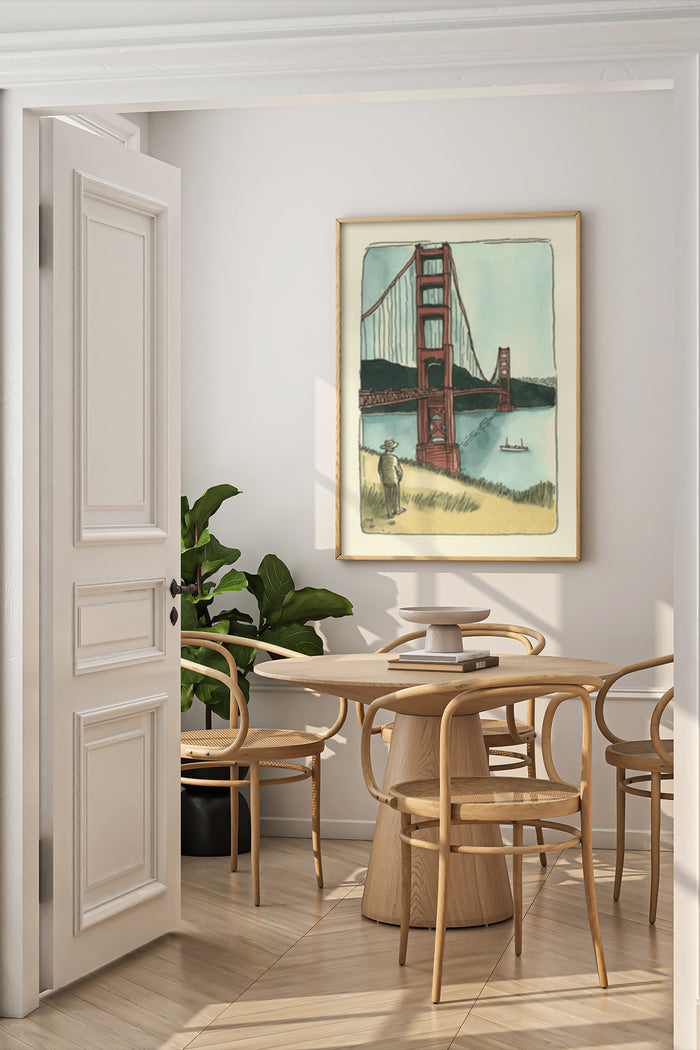 Vintage Golden Gate Bridge Artwork Poster in Modern Dining Room Interior
