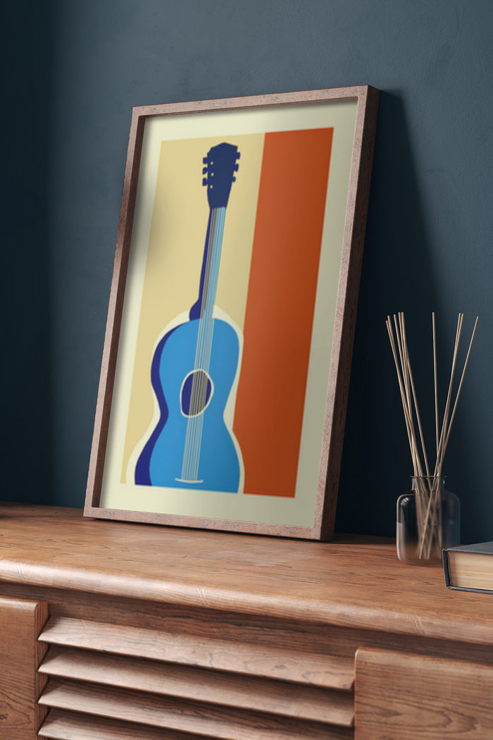 Vintage Style Blue Guitar Poster in Wooden Frame on Sideboard