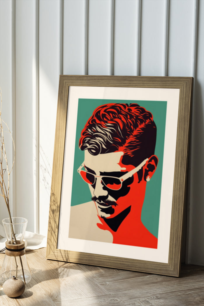 Stylish vintage haircut poster with sunglasses in a modern room setting