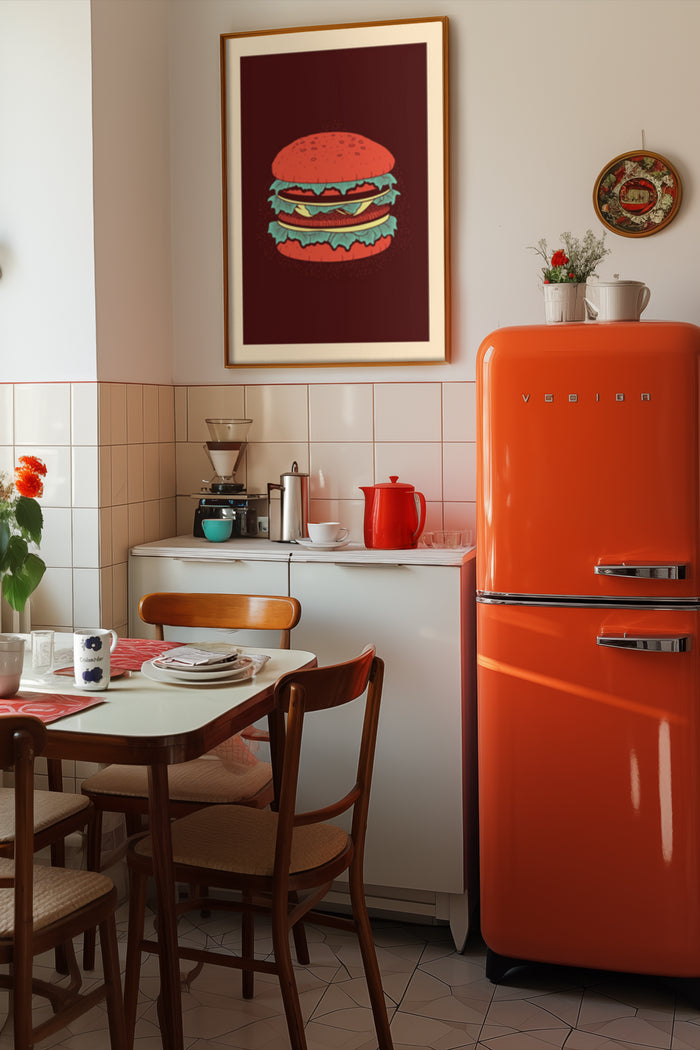 Vintage kitchen interior with decorative retro burger poster and classic orange fridge