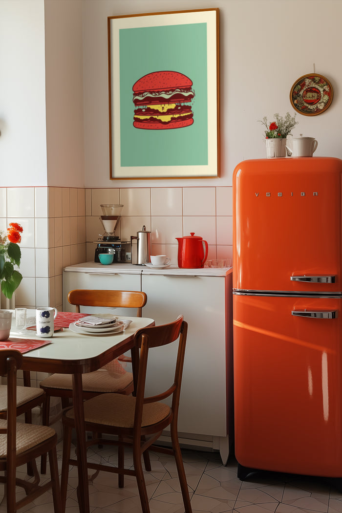 Retro burger poster in a vintage kitchen with orange fridge and wooden dining set