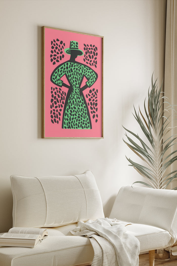 Vintage style illustration of a lady in a green dress with a hat against a pink background