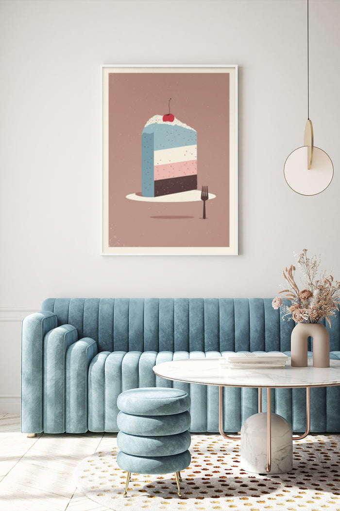 Stylish vintage poster featuring a sliced layer cake with cherry topping in a modern living room interior