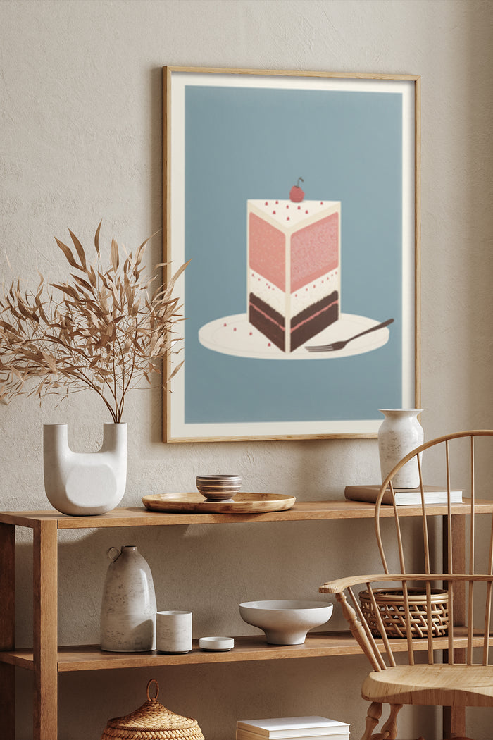 Vintage style illustration of a layered cake on a poster, framed and displayed in a stylish interior setting