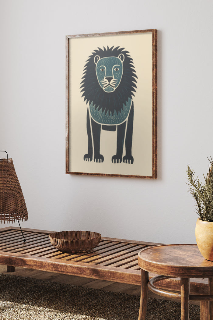 Vintage style lion illustration art poster in a wooden frame on a wall