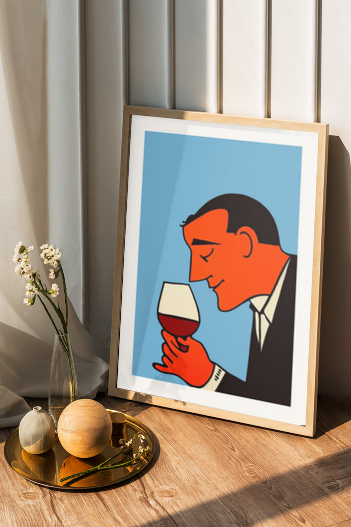 Vintage style poster art of a man tasting wine in a modern interior setting