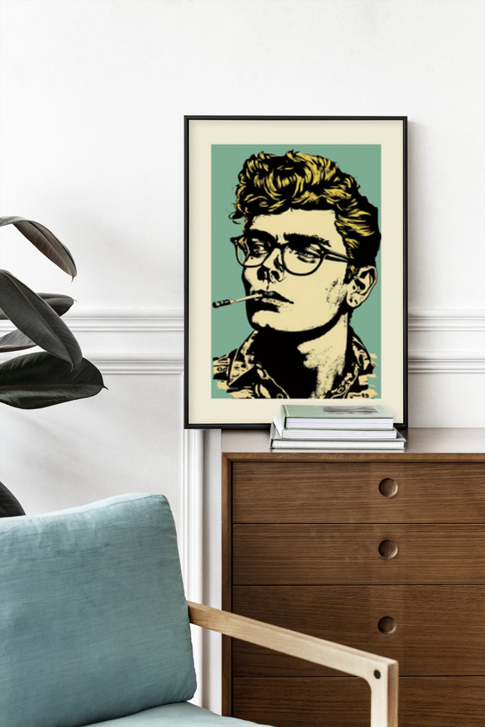 Vintage Style Illustration Poster of a Man with Glasses and Cigarette in Modern Interior