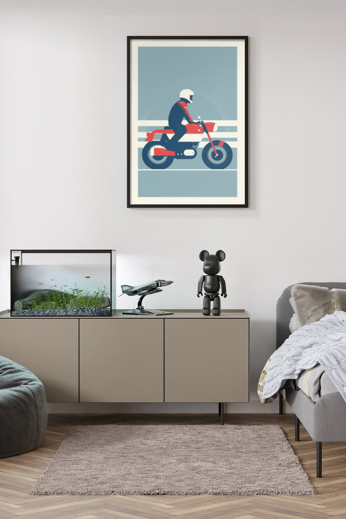 Vintage style motorcycle poster in a modern living room setting