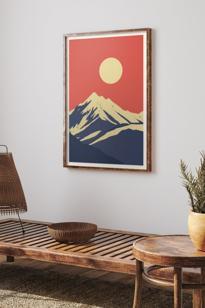 Vintage style illustration poster of a mountain sunrise with warm color palette, sun, and silhouette mountain peaks