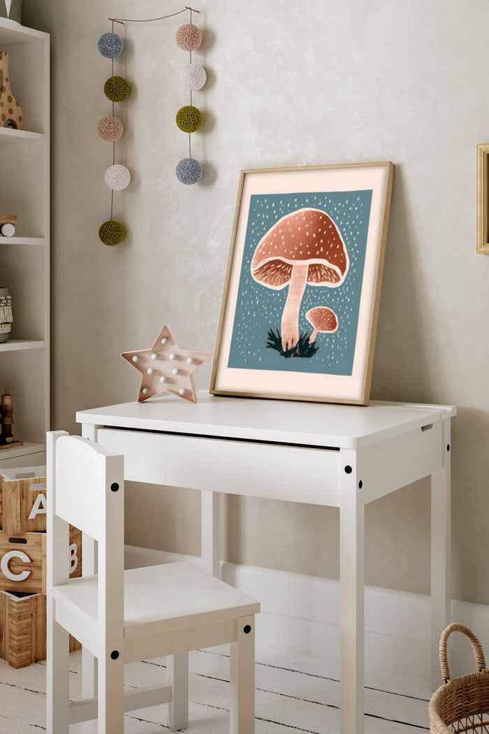 Vintage style mushroom illustration poster framed on a child's desk in a nursery room