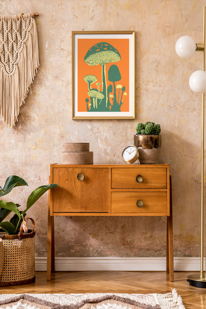 Vintage style mushroom artwork poster in a modern interior setting