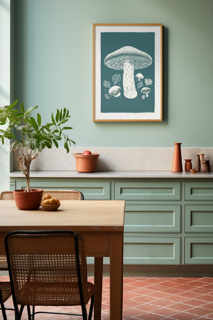 Vintage style mushroom illustration poster in a kitchen setting with retro furniture and decor