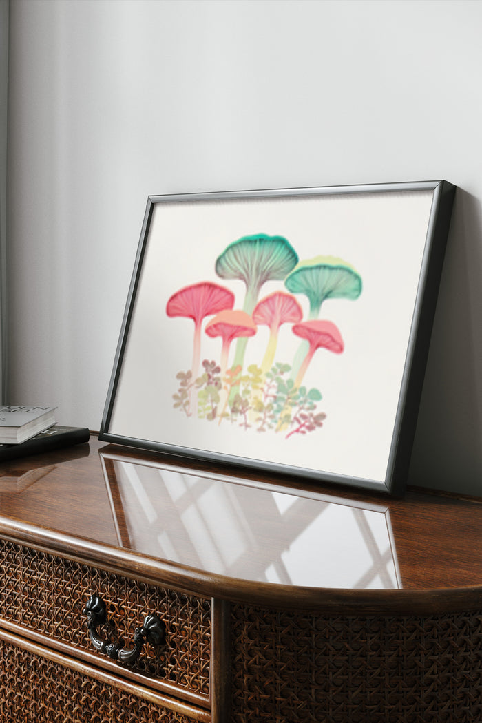 Colorful vintage-style mushroom illustration in a picture frame on a wooden credenza