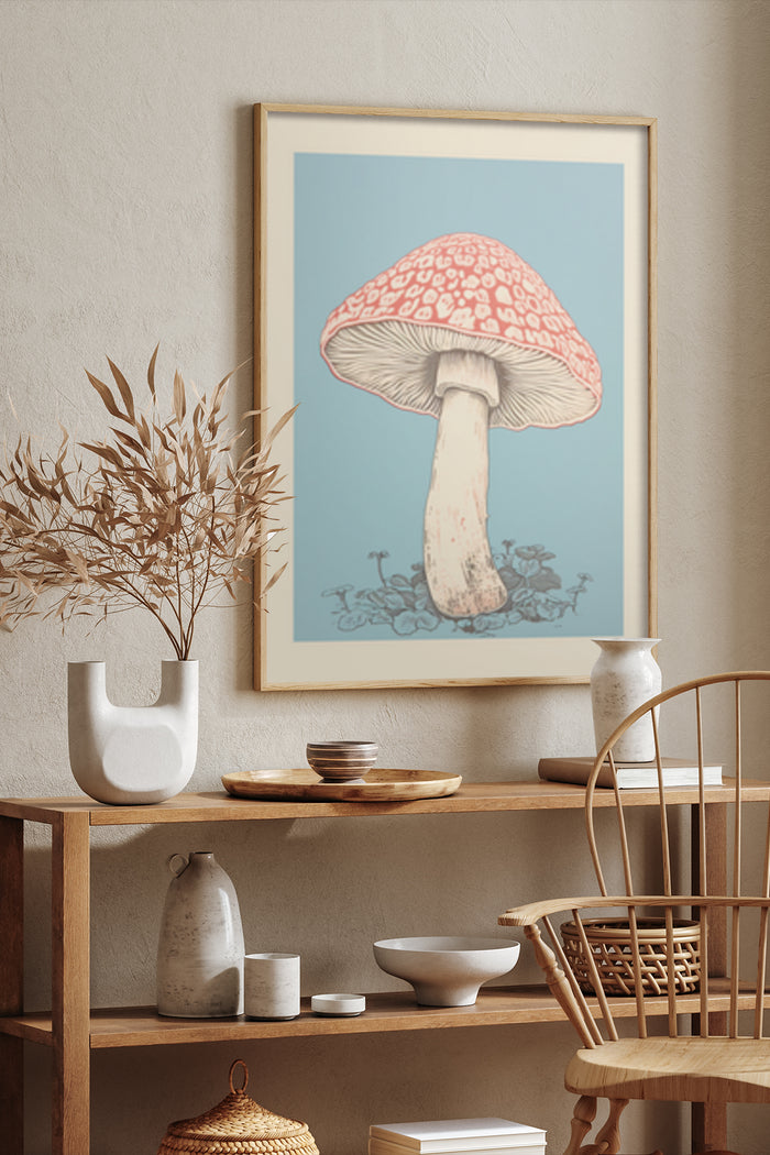 Vintage inspired mushroom illustration poster in stylish interior decor setting
