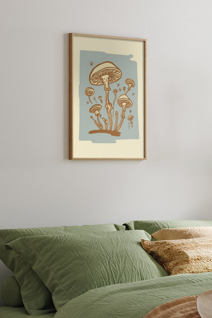 Vintage Mushroom Illustration Poster in Bedroom Decor Setting