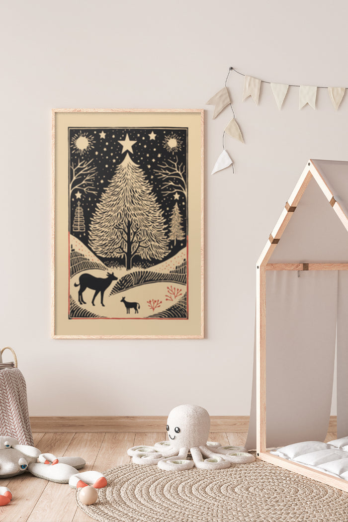 Vintage style nature poster featuring forest trees, stars, dog, and goat in a child's room