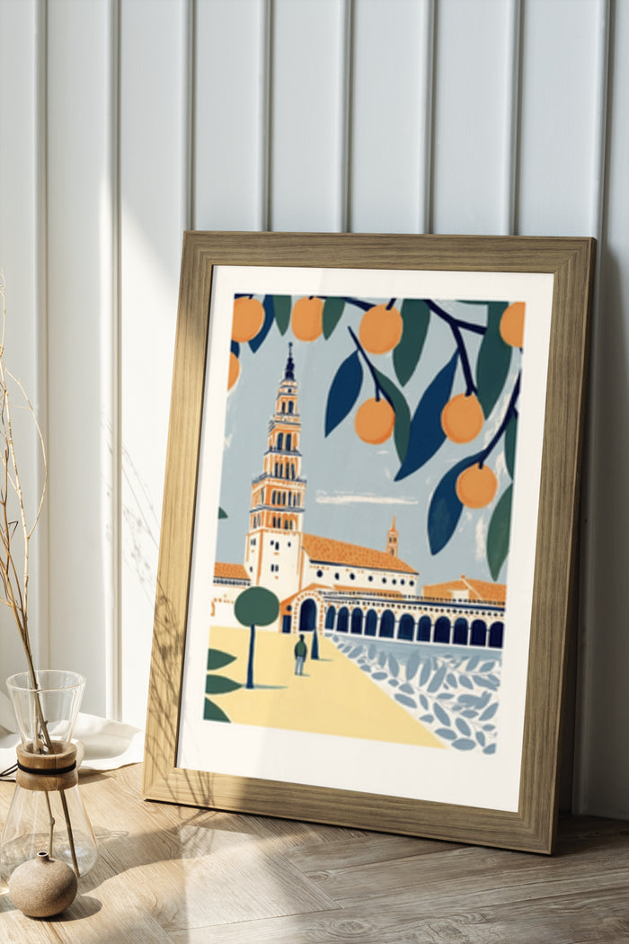 Vintage style illustration poster with orange tree and historical building artwork in a frame