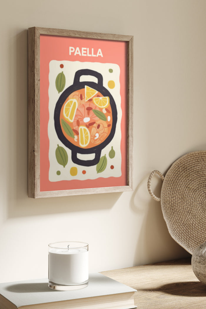 Vintage style poster of Paella in framed artwork with warm tones and food illustration