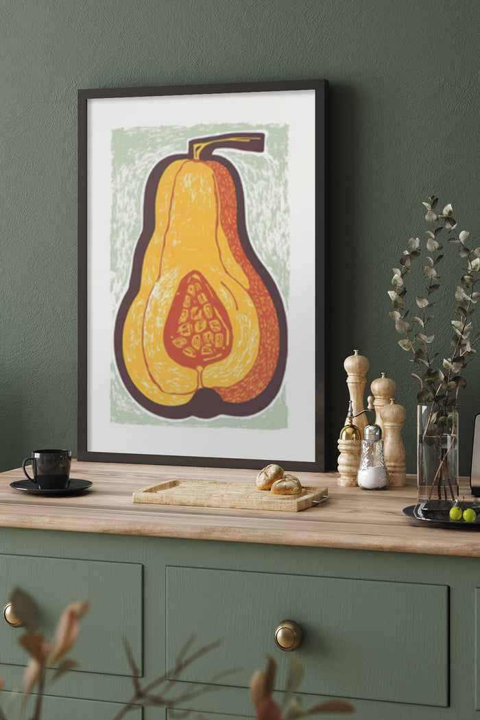 Vintage style illustrated pear poster in kitchen setting