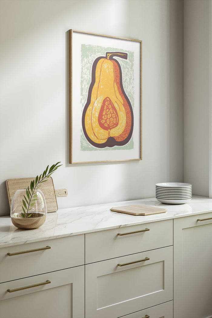 Vintage style pear illustration poster in modern kitchen setting