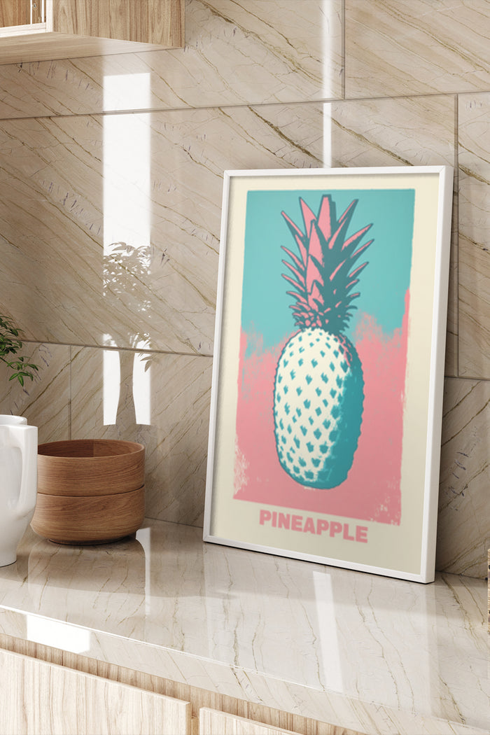 Vintage retro pineapple poster art in a modern kitchen setting
