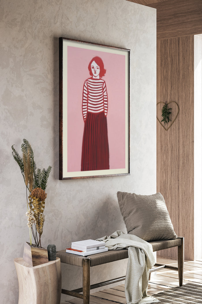 Vintage style pink and red portrait poster framed in a stylish modern living room