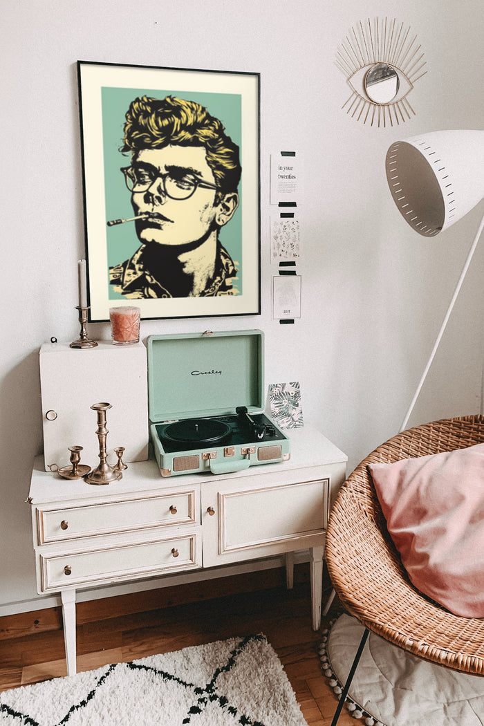 Vintage style portrait poster of a man with glasses and cigarette in a modern interior setting