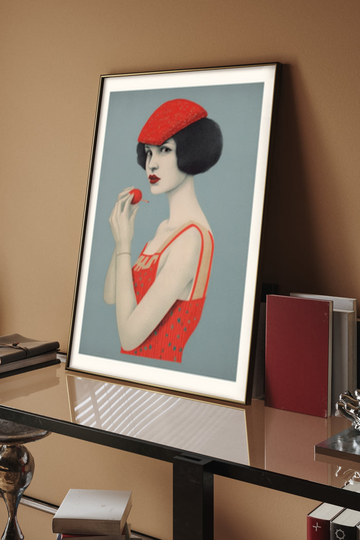 Vintage style portrait poster of an elegant lady wearing a red beret and holding an apple