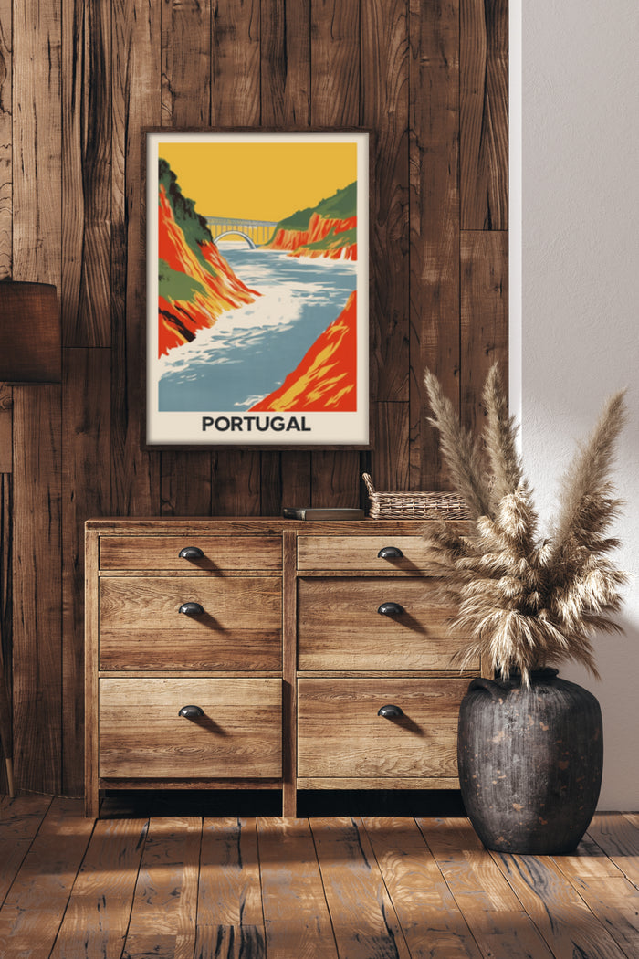 Vintage style poster of Portugal with picturesque river and bridge