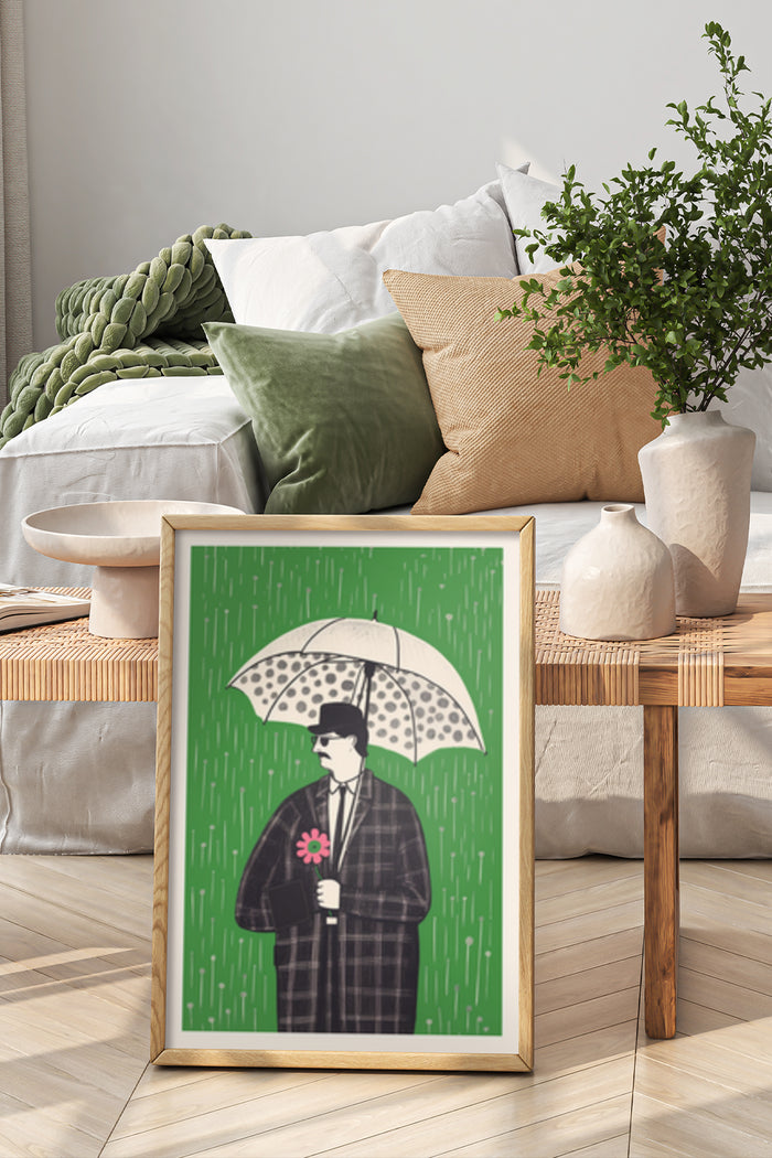 Vintage style poster of a man holding an umbrella and a flower in a modern bedroom setting