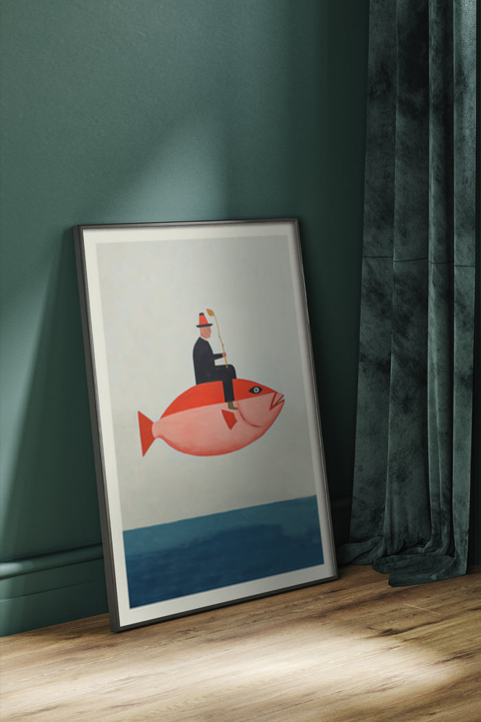 Vintage style quirky poster featuring a man in a top hat riding a large fish
