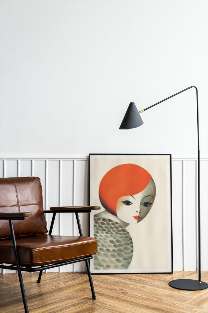 Vintage-inspired poster of a red-haired woman in an art deco style displayed in a modern interior setting