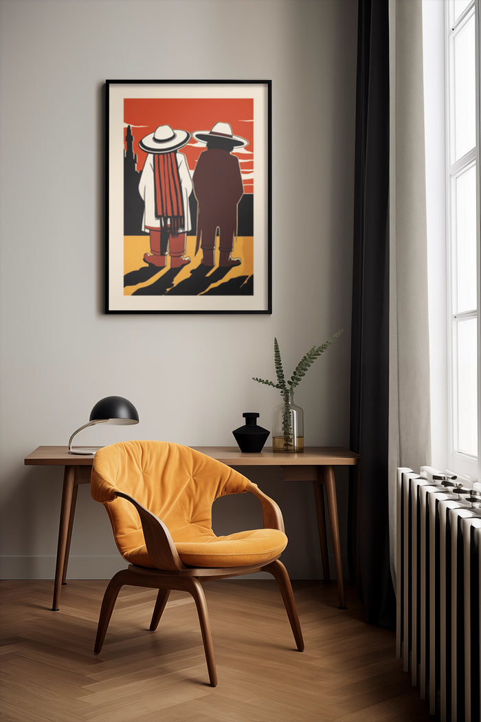 Vintage Style Art Poster with Silhouettes of Two Persons Wearing Hats in a Modern Interior Setting