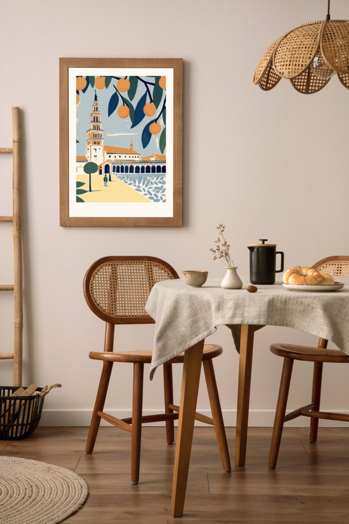 Vintage style framed poster featuring citrus fruits and iconic architecture hung on a dining room wall