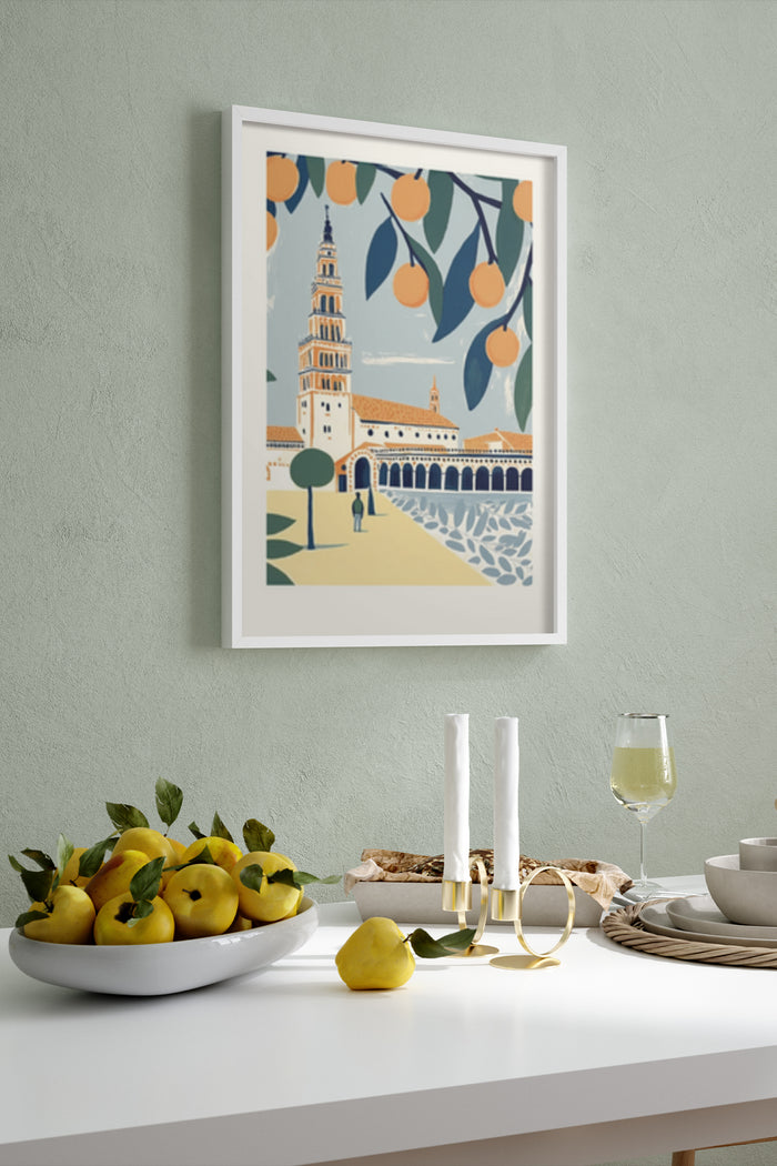 Vintage inspired poster featuring orange trees, a historic building, and figures in a stylized design, displayed in a modern interior setting
