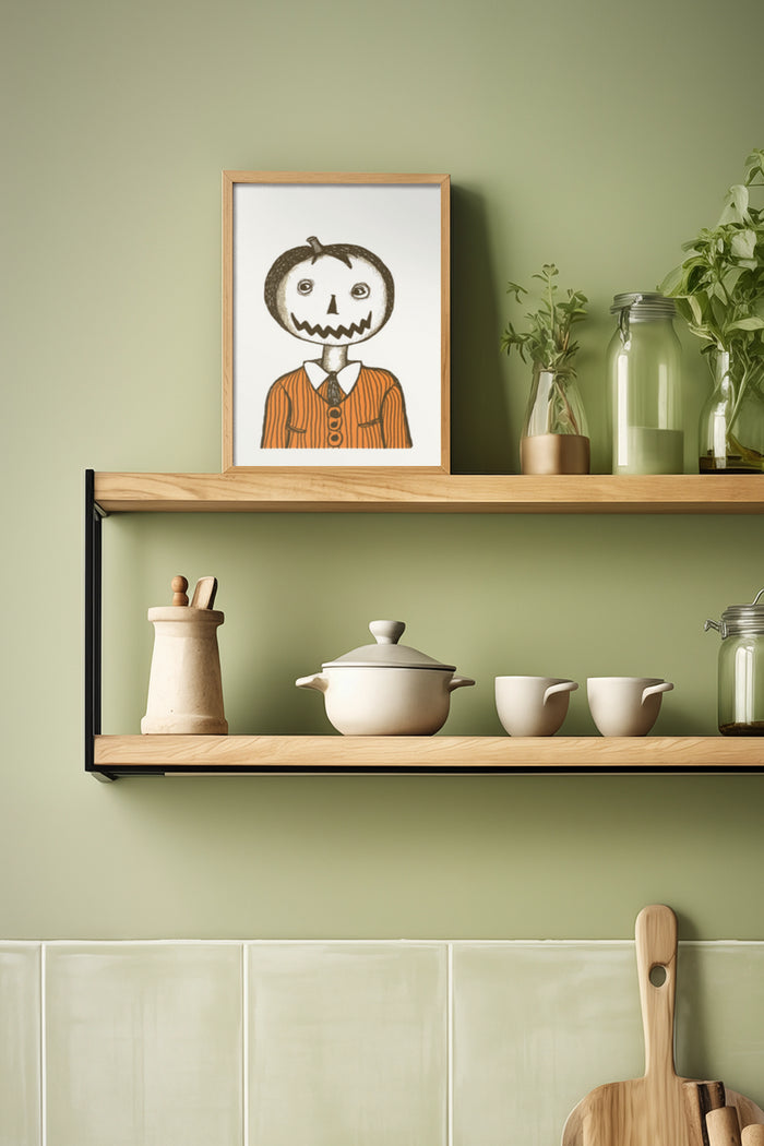 Vintage-style framed artwork of a pumpkin-headed character in a striped suit displayed in a modern kitchen setting