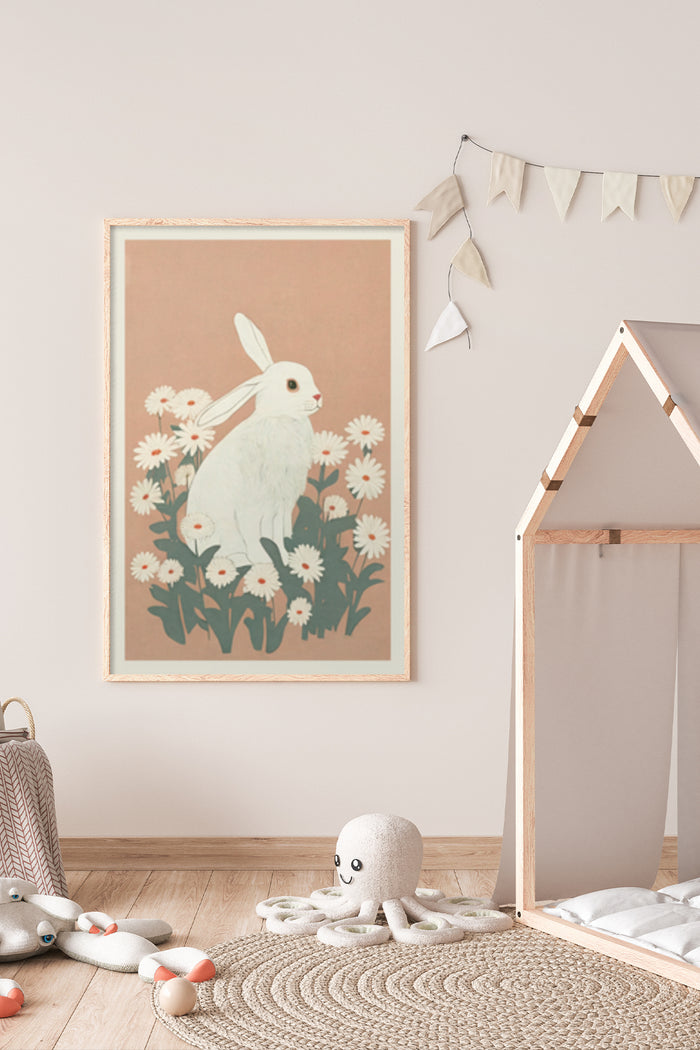 Vintage style poster of a white rabbit among daisies, framed and displayed in a cozy nursery room