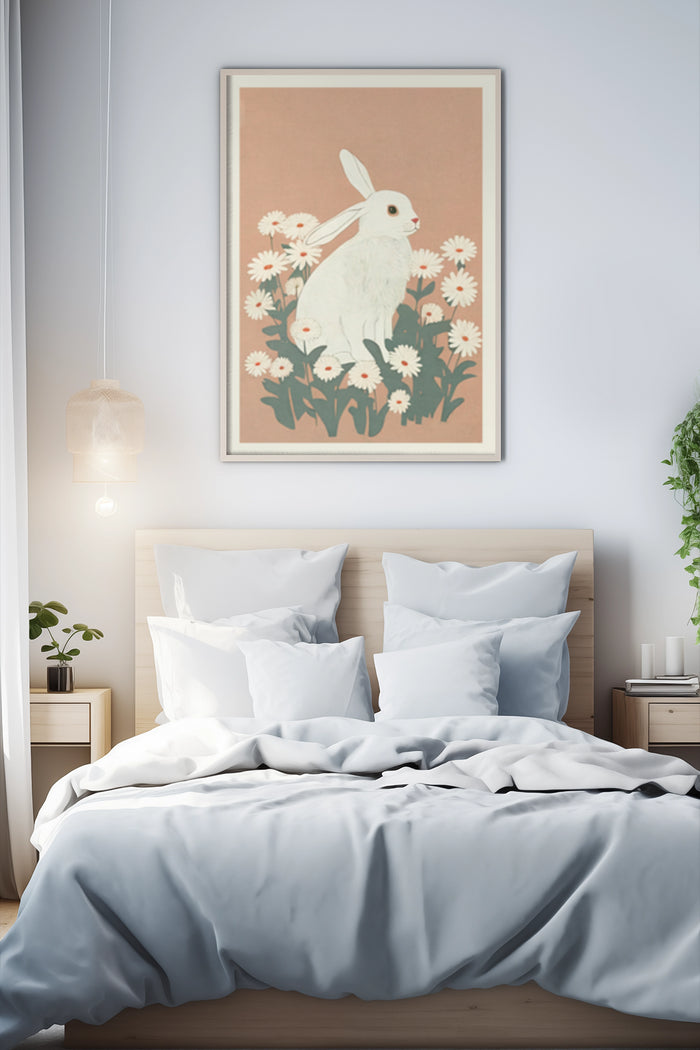Vintage style poster of a white rabbit amid daisy flowers in a contemporary bedroom setting