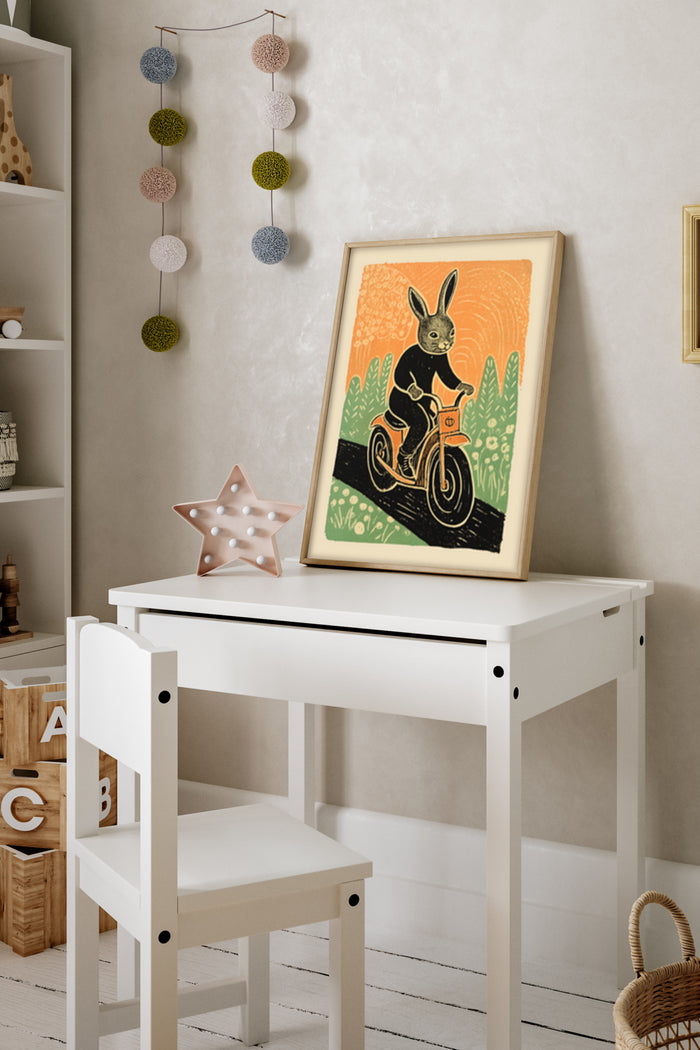 Vintage style illustrated poster of a rabbit riding a motorbike in a children's room decoration setting