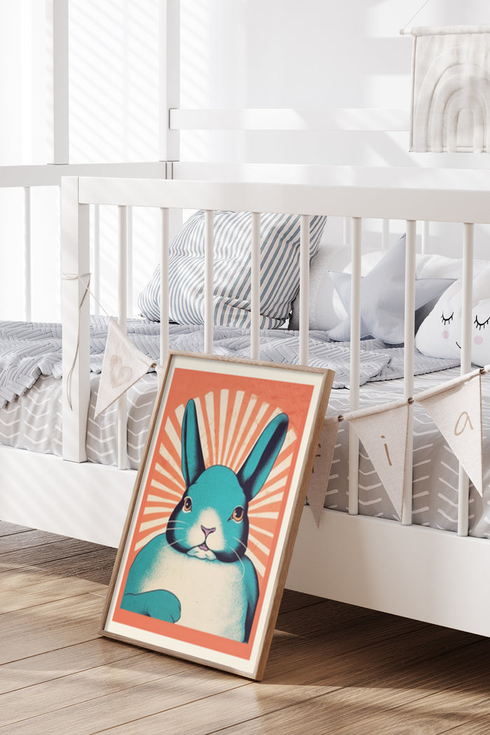 Vintage style rabbit poster with sunburst background displayed in a contemporary nursery setting