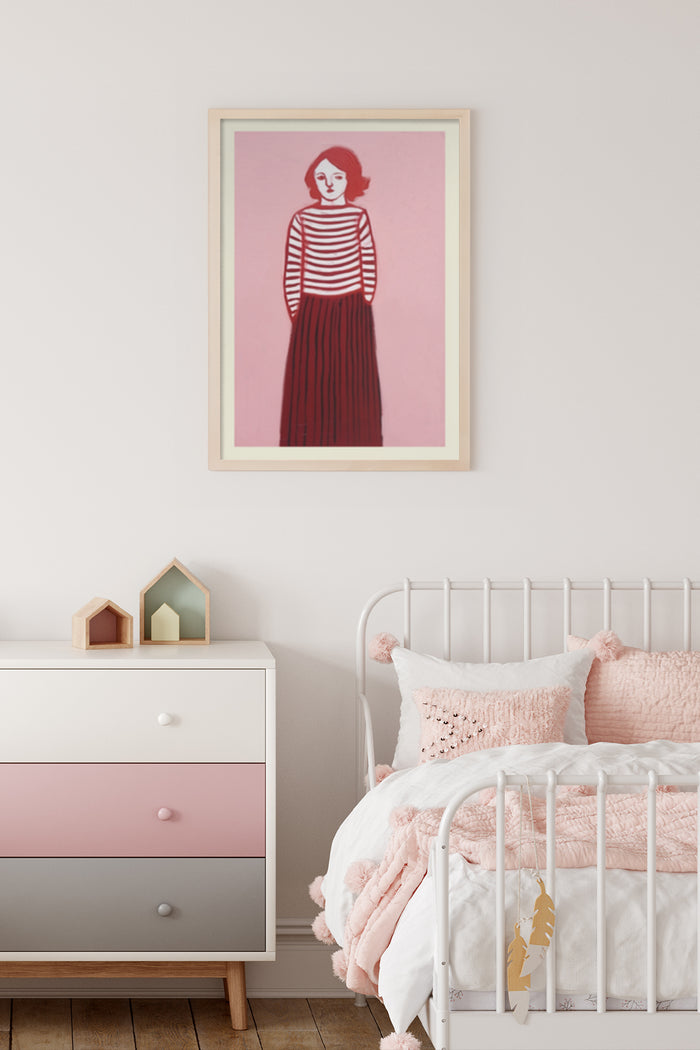 Vintage style illustration of girl with red and white striped shirt in bedroom wall decor poster