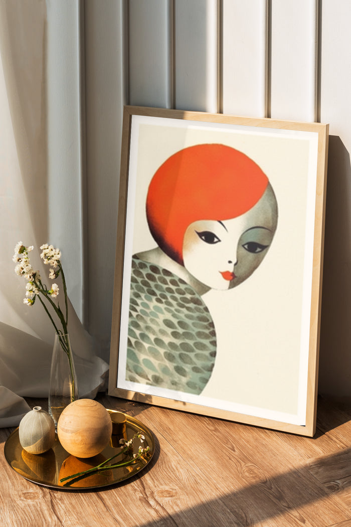 Vintage inspired artwork of a girl with red hair and patterned outfit, framed poster next to vase and wooden decor