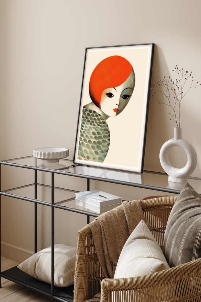 Vintage inspired poster of a red-haired woman with geometric patterns displayed in a chic living room setting