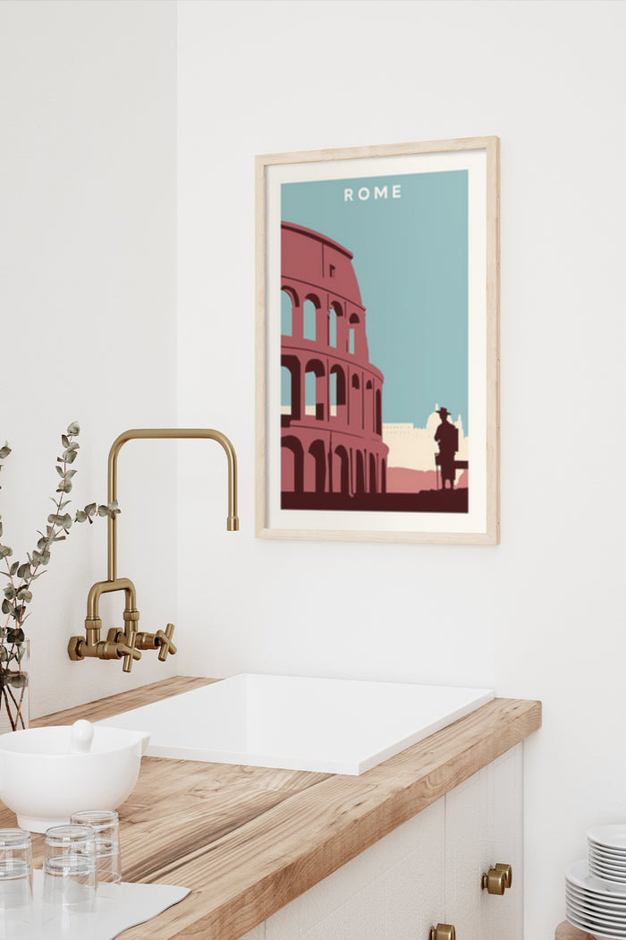 Vintage style poster of Rome with the Colosseum illustration, framed and displayed in a modern kitchen